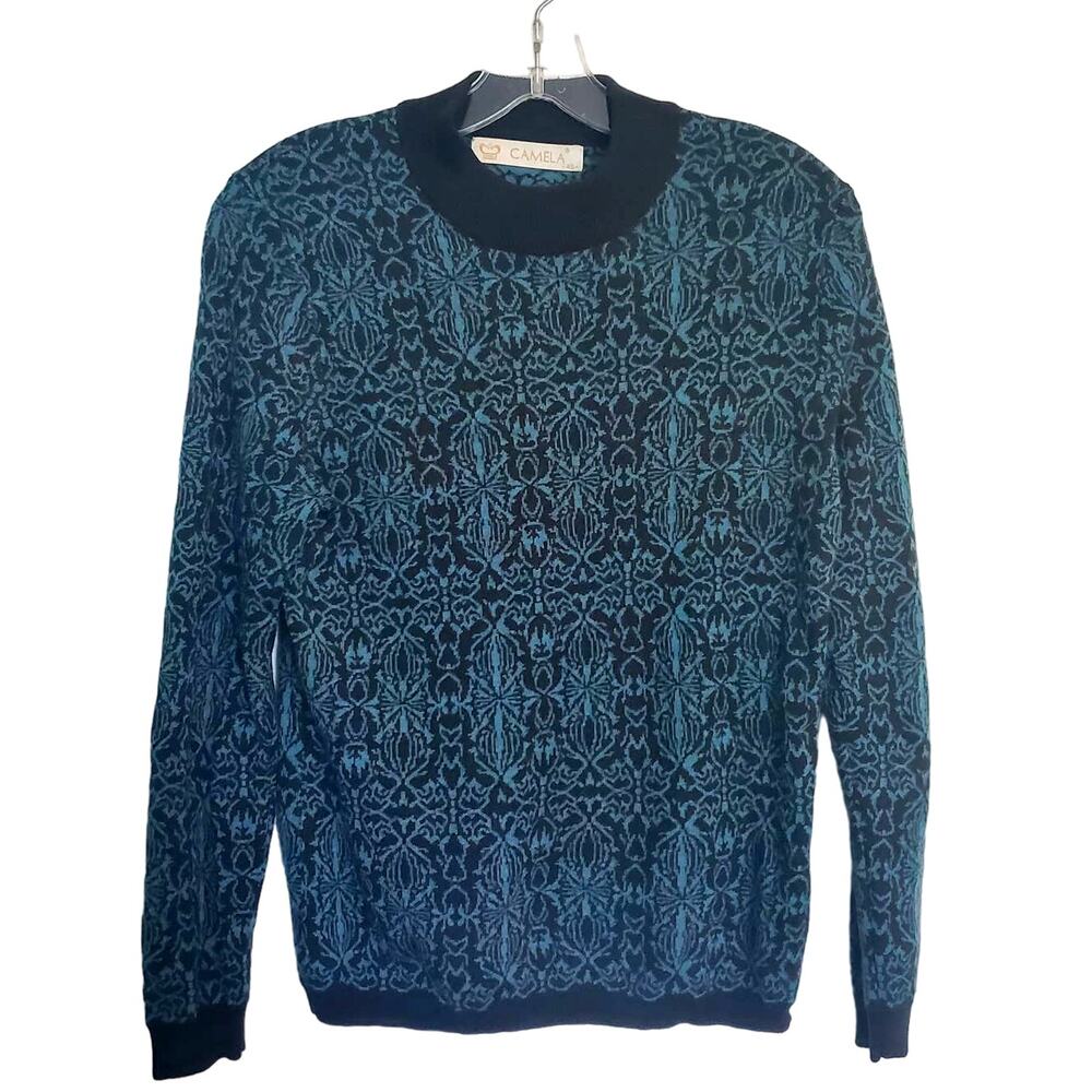 Vtg Camela Woolmark Wool Blend Sweater Size S Teal Black Aztec Gorpcore Pullover